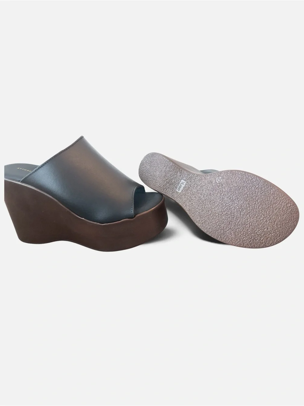 NEW-never worn. Anthropologie Black Leather Platform Slide with Brown Wedge Sole